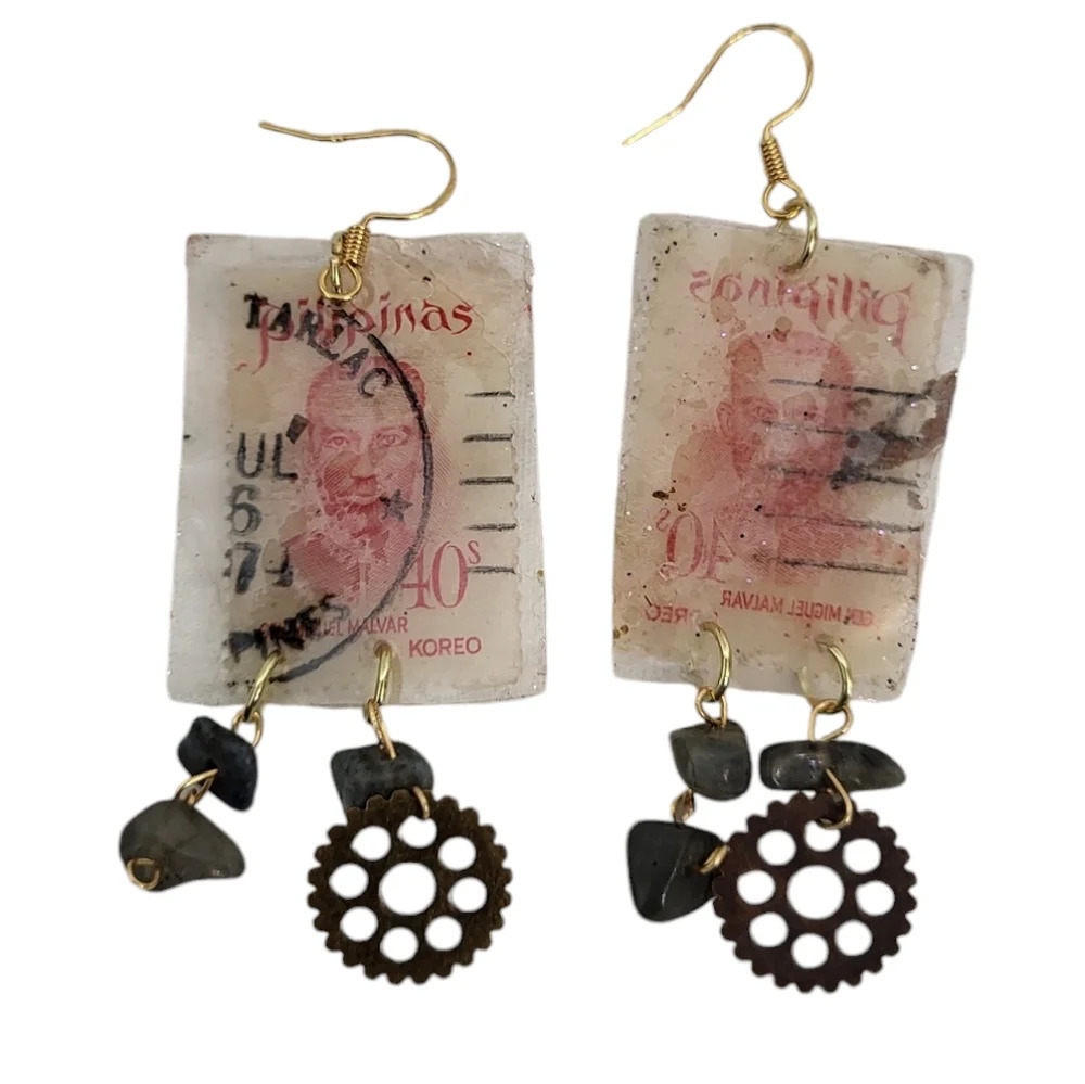 18K Philippines General Malvar Stamp Gear Steampunk Labradorite Earrings